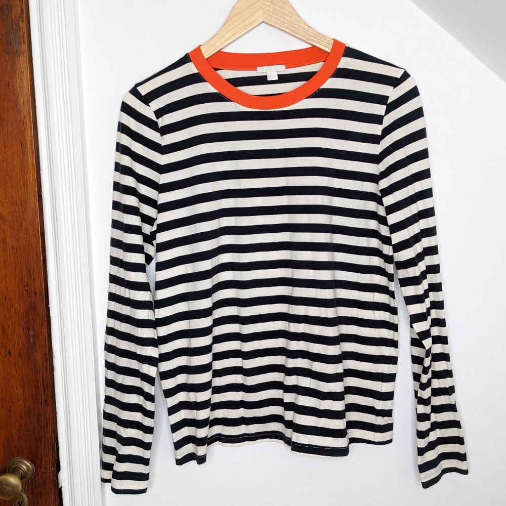 COS Black and White Striped Long Sleeve Tee with Orange Trim
